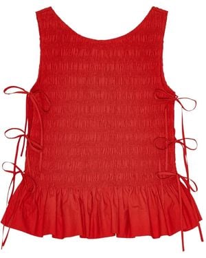 Ganni Smocked Tie-Fastening Top - Red