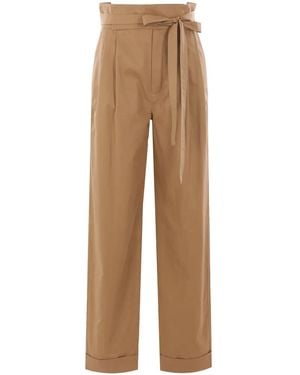 Saint Laurent Belted Pleated Straight Leg Trousers - Natural