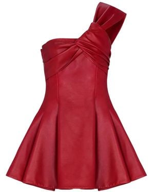 Balmain One-Shoulder Leather Mini Dress - Red