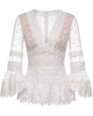 Gemy Maalouf Floral-Embroidered Tulle Blouse - White