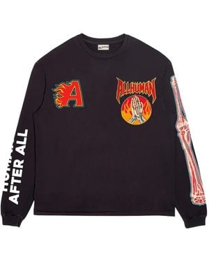 ALL HUMAN Last Call Flaming-Patch Graphic Long-Sleeve T-Shirt - Blue