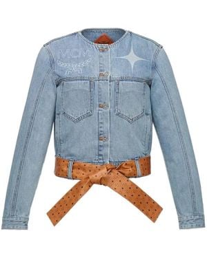 MCM Logo-Print Tie-Waist Denim Jacket - Blue