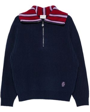 Drole de Monsieur Striped-Collar Quarter-Zip Jumper - Blue