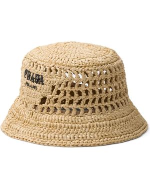 Prada Neutral Raffia Logo Bucket Hat - Brown