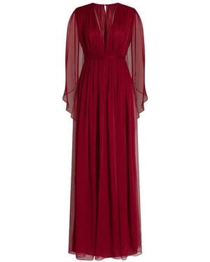 Alberta Ferretti V-Neck Cape Silk Dress - Red
