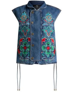 Etro Denim Vest With Floral Motif - Blue