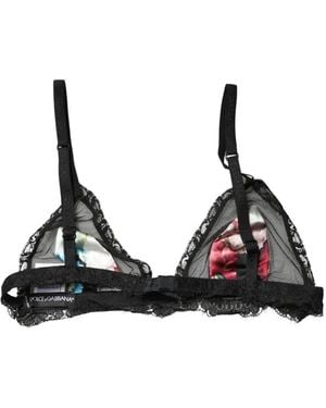 Dolce & Gabbana Floral-Print Lace-Trim Triangle Bra - Black