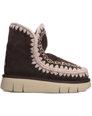 Mou Crystal-Embellished Crochet-Trim Ankle Boots - Brown