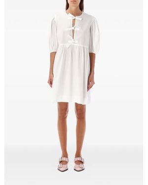 Ganni Bow-Detail Puff-Sleeve Mini Dress - White