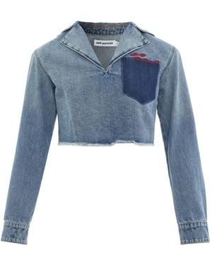 Self-Portrait Cropped Frayed-Hem Top - Blue