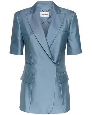 Ferragamo Short-Sleeve Silk Jacket - Blue