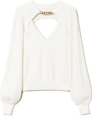Twinset Gerippte Bluse mit Zierkette - Weiß
