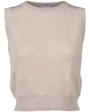 Brunello Cucinelli Ribbed-Knit Sleeveless Top - Natural
