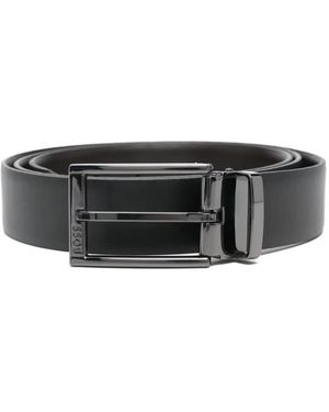 BOSS Logo-Buckle Leather Belt - Grey