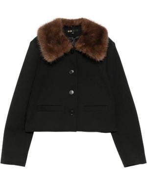 Maje Cropped Jacket With Removable Fur Collar - Black