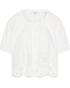 FRAME Eyelet Billow Scalloped-Hem Blouse - White