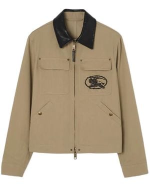 Burberry Leather Collar Cotton Workwear Jacket - Natural