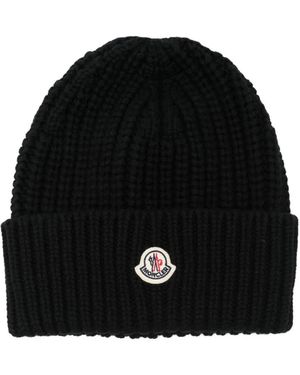 Moncler Ribbed Logo Beanie Hat - Black