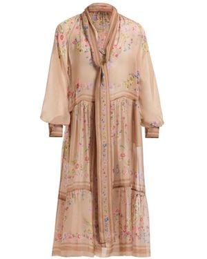 Elie Saab Floral-Print Pussy-Bow Midi Dress - Natural