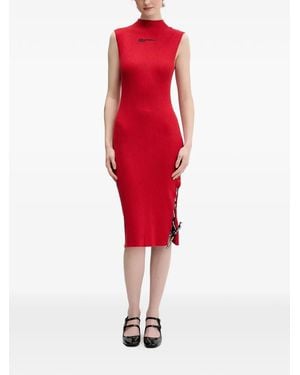 KARL LAGERFELD Lace-Up Rib Midi Dress - Red