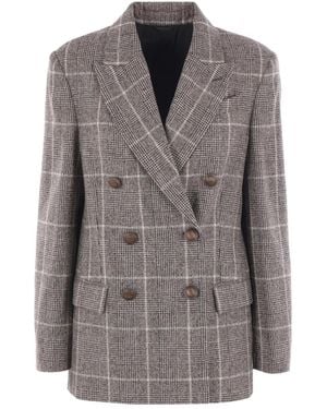 Brunello Cucinelli Checked Double-Breasted Blazer - Grey