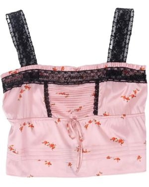 Ganni Lace-Trim Floral-Print Top - Pink