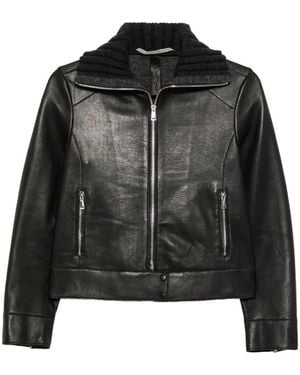 The Jackie Leathers Tilde Ribbed-Knit Collar Leather Jacket - Black