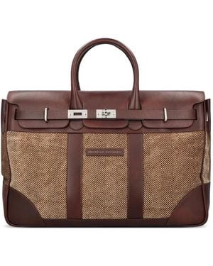 Brunello Cucinelli Herringbone-Pattern Leather-Trim Messenger Bag - Brown