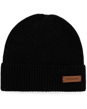 Trussardi Logo-Patch Ribbed-Knit Beanie Hat - Black