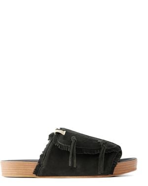 Visvim Fringed Leather Slides - Black