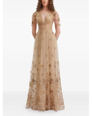 Gemy Maalouf Embroidered V-Neck Tulle Gown Dress - Natural