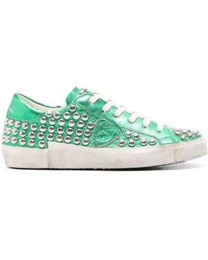 Philippe Model Metallic Distressed Leather Panelled Trainers - Green