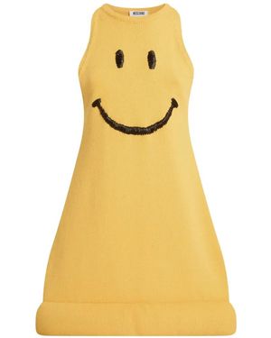 Moschino Smiley-Embroidered Padded-Hem Mini Dress - Yellow