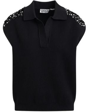 Essentiel Antwerp Sleeveless Embellished Shoulders Polo Top - Black