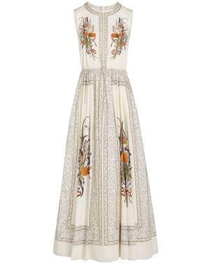 Giambattista Valli Popeline Jurk Met Marigold Bouquets Print - Naturel