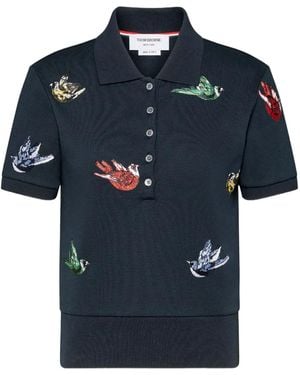 Thom Browne Satin Stitch Bird Embroidery Polo - Blue