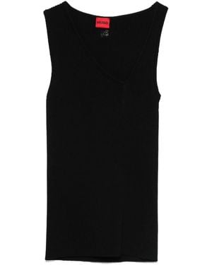 HUGO Sleeveless Asymmetric V-Neck Knitted Top - Black