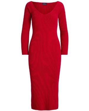 Polo Ralph Lauren Fitted V-Neck Midi Dress - Red