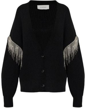 Sportmax Crystal-Fringe Ribbed-Knit Cardigan - Black