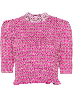 Sandro Patterned Smocked T-Shirt - Pink