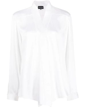 Giorgio Armani V-Neck Long-Sleeves Silk Shirt - White
