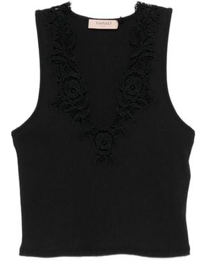 Twinset Lace-Trim Ribbed Top - Black
