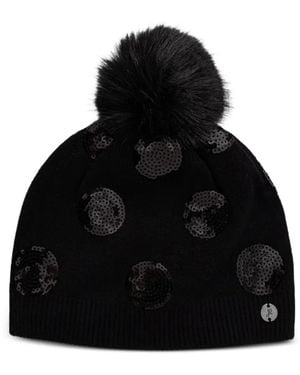 Joseph Ribkoff Sequin-Embellished Pom-Pom Beanie Hat - Black