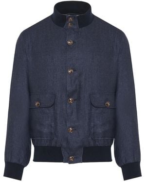Barba Napoli Button-Up Denim Bomber Jacket - Blue
