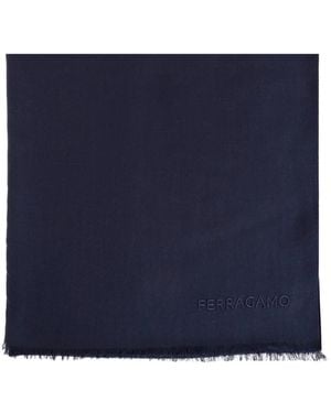 Ferragamo Logo-Embroidered Frayed Scarf - Blue