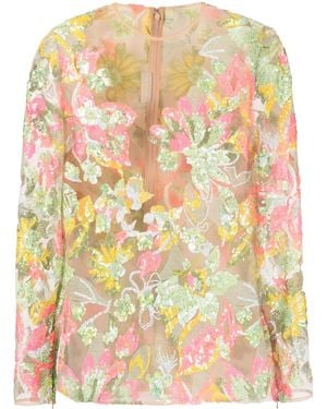 Elie Saab Sequin-Embellished Floral-Print Blouse - Yellow