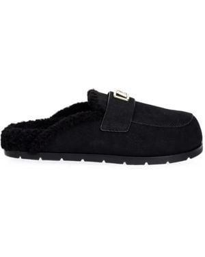 ARMANI EXCHANGE Logo-Plaque Shearling Slippers - Black