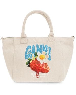 Ganni Strawberry-Print Logo-Embroidered Tote Bag - White