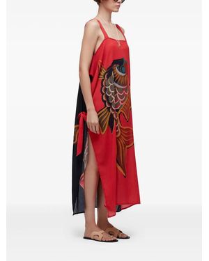 Osklen Pareo Peixe Fish-Print Side-Tie Two-Way Maxi Dress - Red