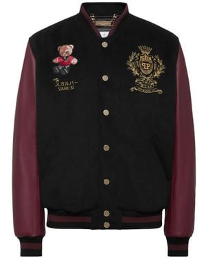 Philipp Plein Leather And Wool Varsity Bomber Jacket Teddy Bear - Black